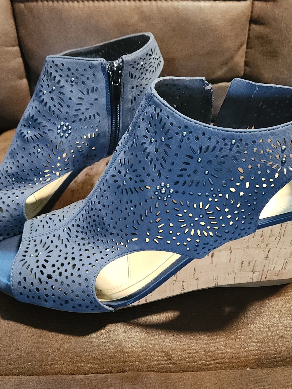 Alex Marie Navy Perforated Peep-Toe Cork Wedges